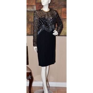 Oleg Cassini BLACK TIE BLACK BEADED SEQUINED FORMAL Art Deco Dress 12 NEW!!!